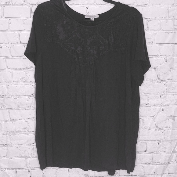 Green envelope Black mesh embroidered yoke top 2x - Picture 1 of 10